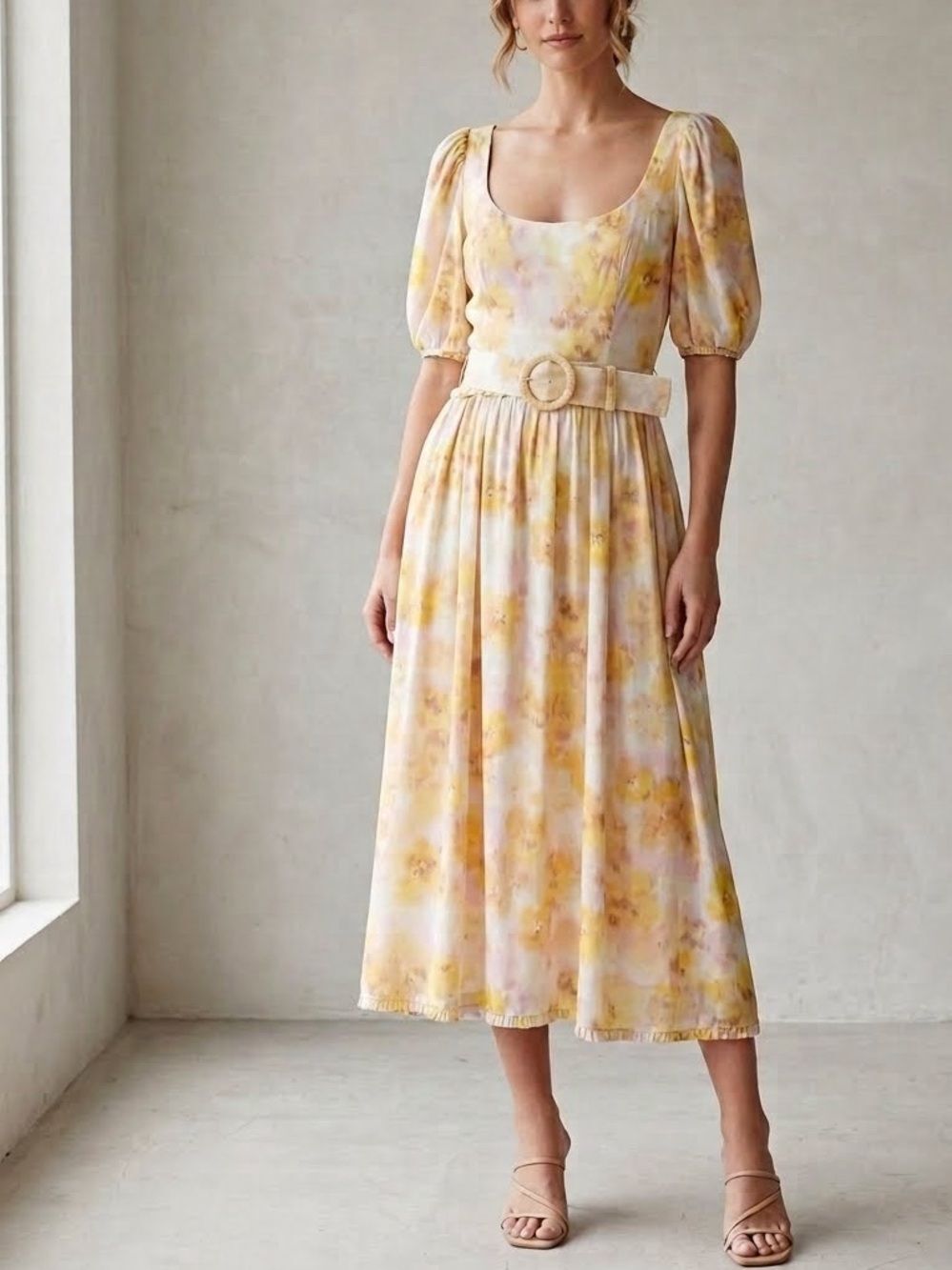 For Love & Lemons Zinna Midi Dress Lemonade Yellow Floral XL